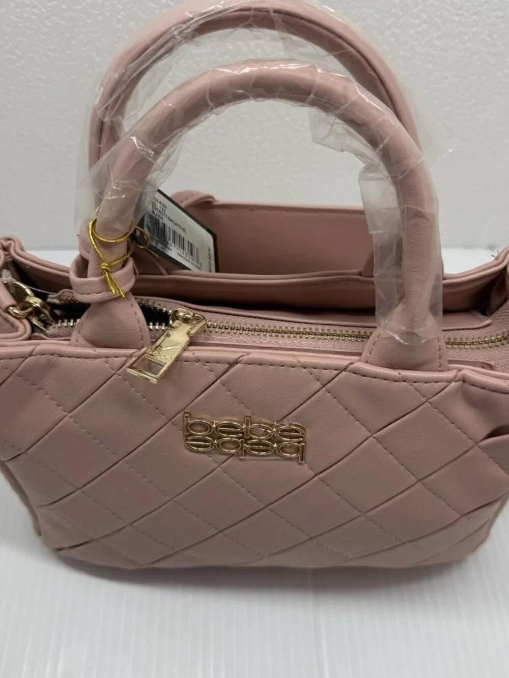 Bebe Everett Small Blush Quilted Satchel Crossbody Gold Chain Bag NWT Chic Work